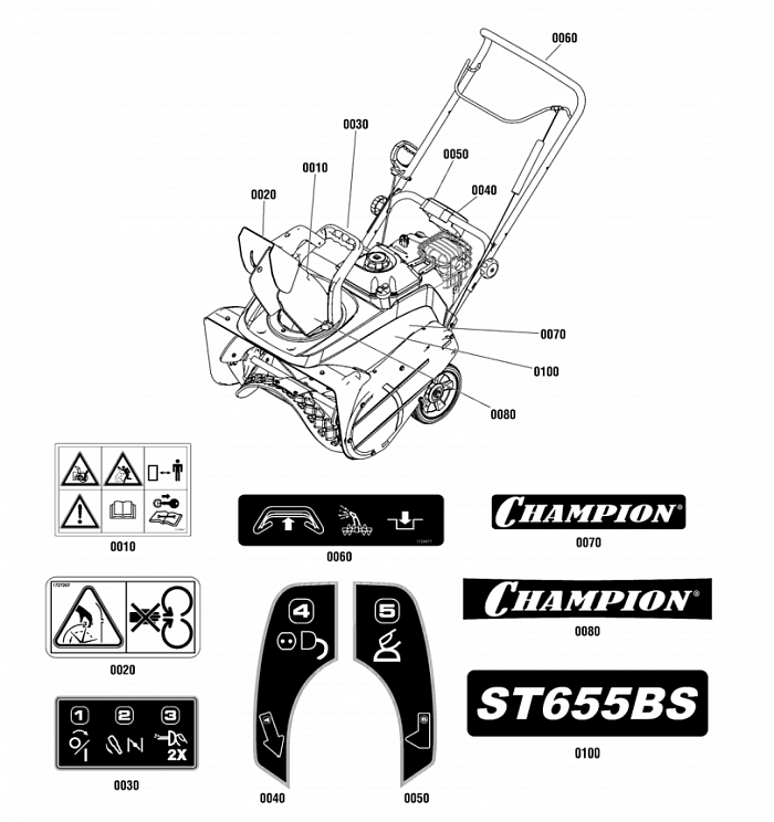 6 НАКЛЕЙКИ СНЕГОУБОРЩИК CHAMPION ST655BS ручное управление желобом