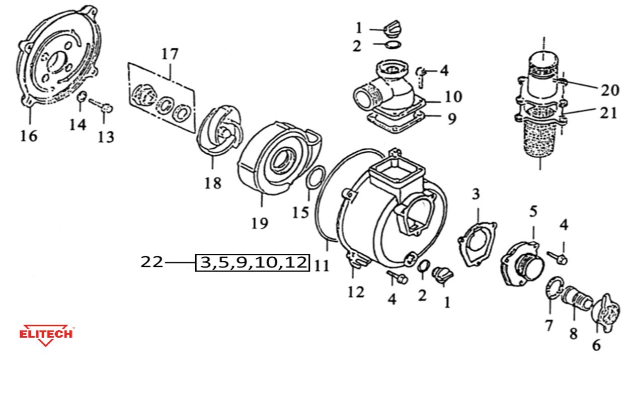 ЗАПЧАСТИ ДЛЯ МОТОПОМПЫ БЕНЗИНОВОЙ ELITECH МБ 1600 Д 100 (НАСОС)