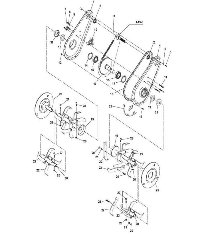 ЗАПЧАСТИ ДЛЯ КУЛЬТИВАТОРА БЕНЗИНОВОГО ELITECH КБ 51 (РЕДУКТОР, ШНЕК)